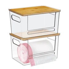 Trash Bag Dispenser 2 Pack, Acrylic Garbage Bags with Bamboo Top, Extra Large