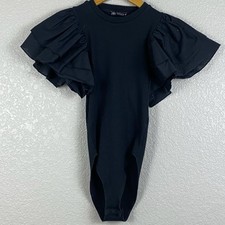 Zara Bodysuit Womens S Black Ribbed Ruffle Sleeves Minimalist It Girl Feminine