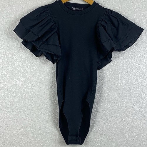 Zara Bodysuit Womens Small Black Ribbed Ruffle Sleeves Minimalist Whimsigoth
