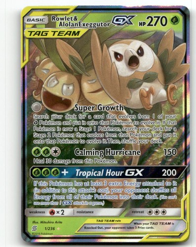 Rowlet & Alolan Exeggutor GX 1/236 Holo Ultra Rare Unified Minds Pokemon NM