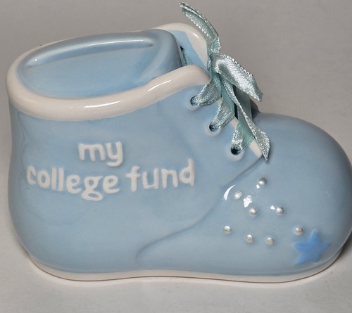 Ceramic Baby Shoe Bank Blue “My College Fund” Boy Bootie Coin Piggy