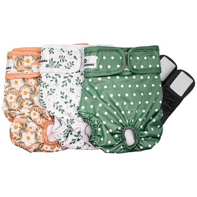 Pet Parents 3-Pack Washable Female Dog Diapers with Extenders (Small, Daisy)