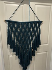 Handmade Blue Macrame Wall Hanging with Tassels on Wooden Dowel made in Tulum