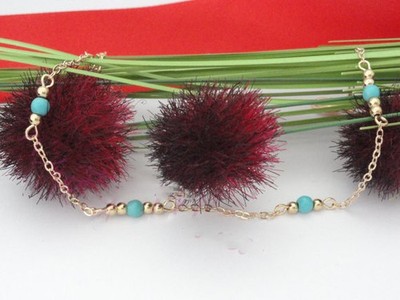 Hand Beaded Blue Turquoise Anklet   Gold Chain Adjustable 22+5CM Women s Simple 