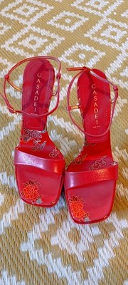 Casadei Sandals Red Lacquered Leather and Silk Designs Oriental N.40 Luxury