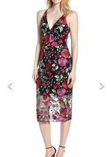 Dress The Population Aurora Black Floral Embroidered Midi Dress Size Small