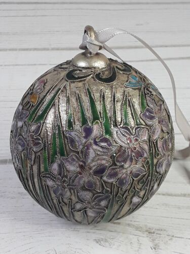 Vtg Cloisonné Metal Enamel Purple Poinsettia Butterfly Dragonfly Ball Ornament - Picture 1 of 9