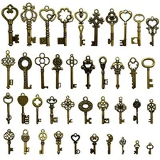 40 Pcs Vintage Skeleton Keys Antique Charms for Pendant Necklace Jewelry Making