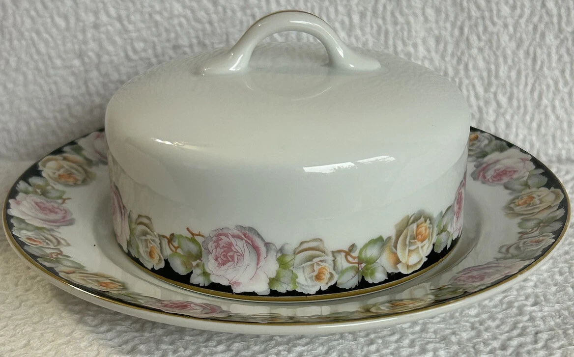 Porcelain Covered Butter Dish Lovely Pink & Yellow Roses w/black & Gold Border