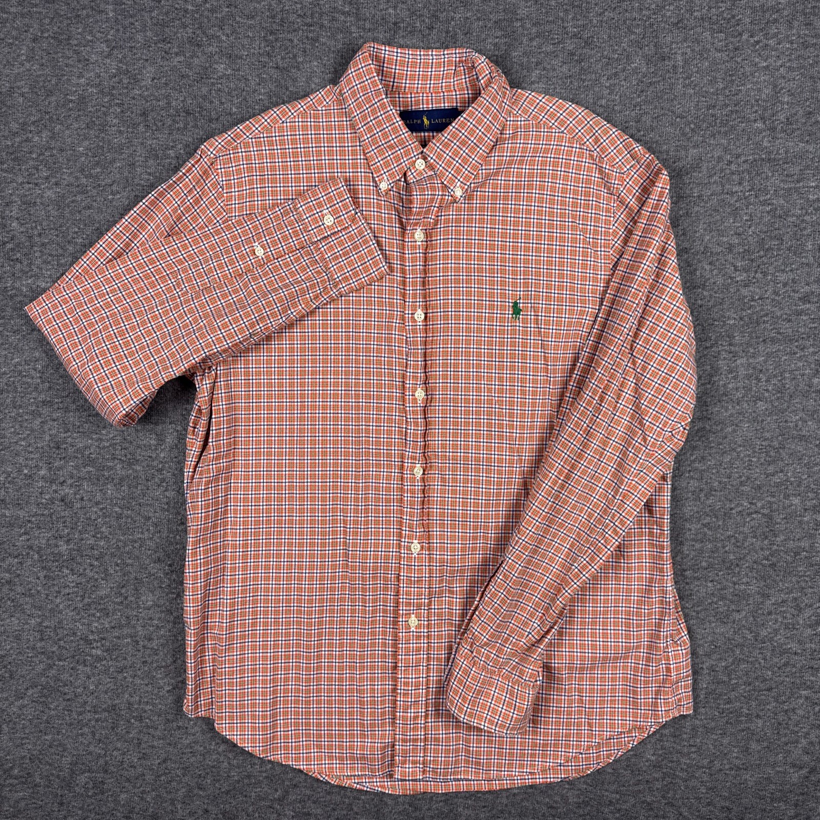 Polo Ralph Lauren Shirt Mens Large Orange Plaid 100% Cotton Casual Green Pony thumbnail 2