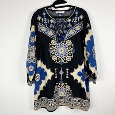 ZARA Embroidered and Printed Mini Dress Large Boho Black Blue Blogger Favorite