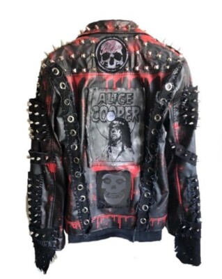 Men Spiked Biker Leather Steam Punk Alice Cooper Jacket, Gothic