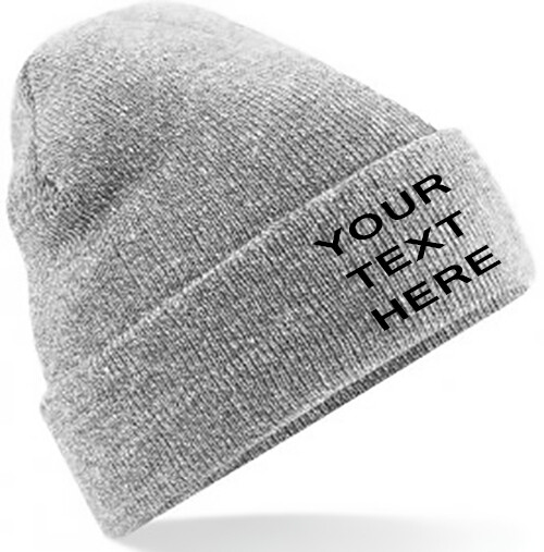 Personalised custom embroidered Mens/Ladies Beanie Hat, Heather Grey, Text/Logo