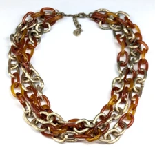 Talbots Chunky Gold Tone Linked Chain Faux Amber Acrylic Multi Strand Necklace