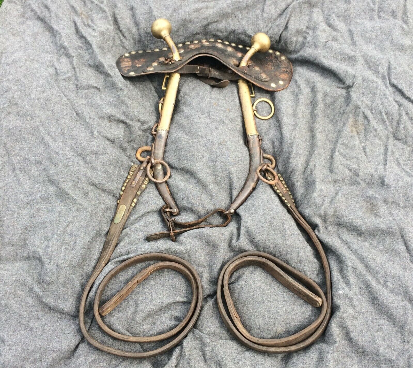 Antique Kurzynski Cincinnati OH Brass Horse Hames w/Studded Top Leather Harness