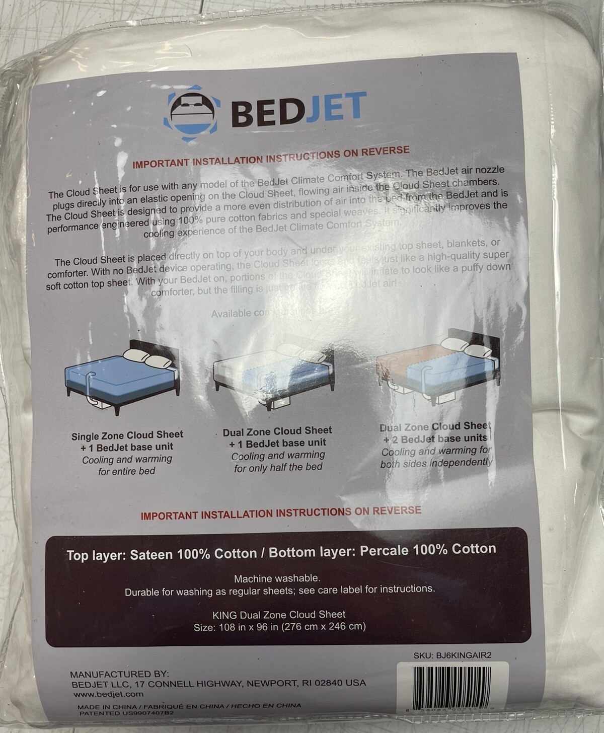 BedJet Cloud Cotton Sheet DUAL ZONE King Cooling / Heating Climate