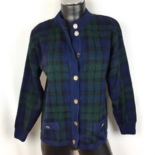 Kristelle Vtg Blue Green Buffalo Plaid Cardigan Gold Buttons Scotland Sz Medium