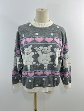 Vintage 80s Sweater Dancing Pig Hearts Fairy Kei Harajuku All Over Print Size M