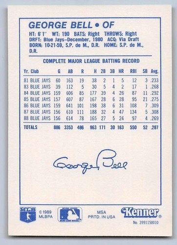 1989 GEORGE BELL - Kenner Starting Lineup Card - TORONTO BLUE JAYS - Bild 2 von 2