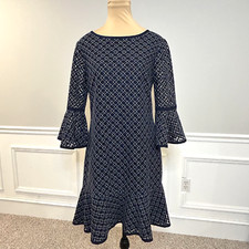 Eliza J Cocktail Dress Lace Overlay Ruffle Hem Bell Sleeve Navy Blue Size 8