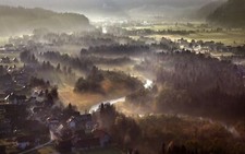 Landscape nature mist morning sun rays forest river town Custom Gaming Mat Desk