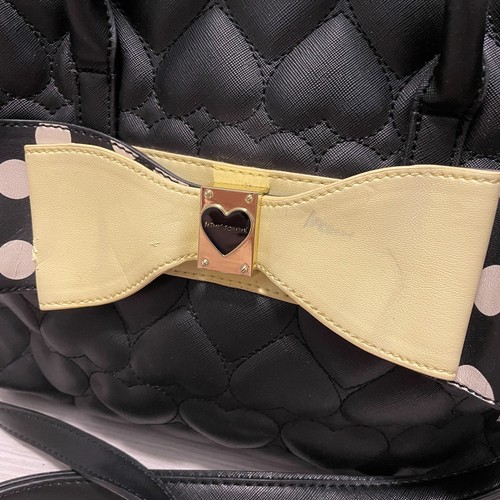 Betsey Johnson Heart Bow Tie Rose Floral Lined Black Leather Crossbody Purse - Picture 3 of 6