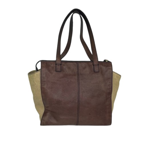 FOSSIL Black Brown Tan Leather Tote Shoulder Hand Bag Carryall Satchel - Picture 2 of 9
