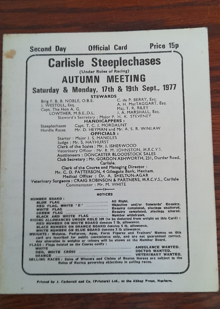 CARLISLE N.HUNT RACE CARDS, A SMALL COLLECTION FROM 1976 & 1977 + A