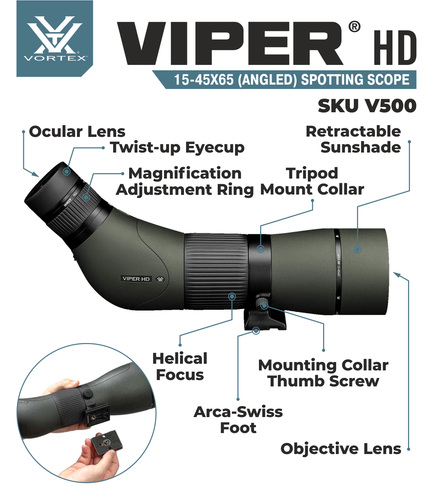 Vortex Optics Viper HD 15-45x65 Angled Spotting Scope w/CD Hat and Tripod Bundle - Picture 4 of 9