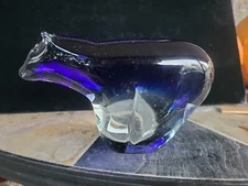 Vintage Hand Blown Murano-Style Blue and Clear Art Glass Polar Bear Paperweight 