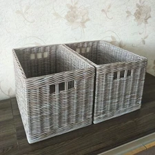 Grey-beige rectangular wicker storage basket, Laundry basket, Shoe basket