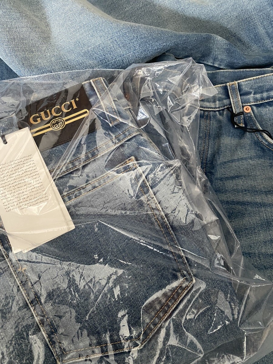 Gucci Stone Washed Bleached Denim Vintage Style Blue Jeans