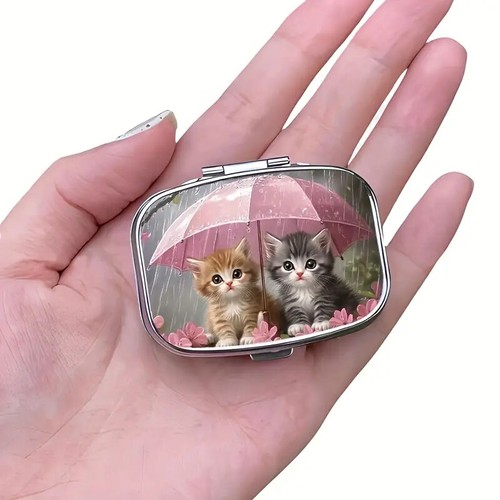 Katze unter Regenschirm kleine Pillendose, 2 Fächer Mini Metall tragbar, für Reisen - Bild 7 von 9