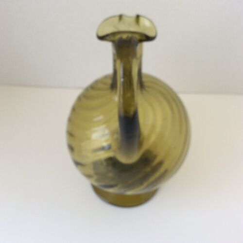 Vintage Hand Blown Studio Art Glass Olive Green Pitcher Ewer Jug Swirl Pontil - Picture 4 of 6