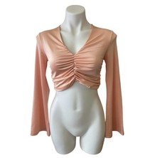 NWOT Vintage 2000s Y2K Pink Ruched Long Sleeve Crop Top Bell Sleeves V-Neck S/M
