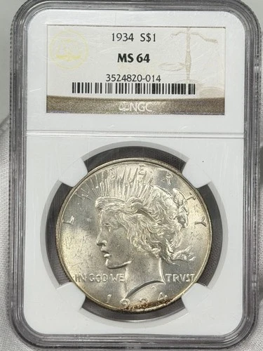 1934-P $1 Peace Silver Dollar NGC MS64 90% Silver Philadelphia US Coin