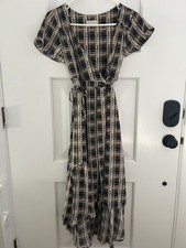 Urban Outfitters Dress Womens S Black Ivory True Wrap Grid Plaid Cottage Core