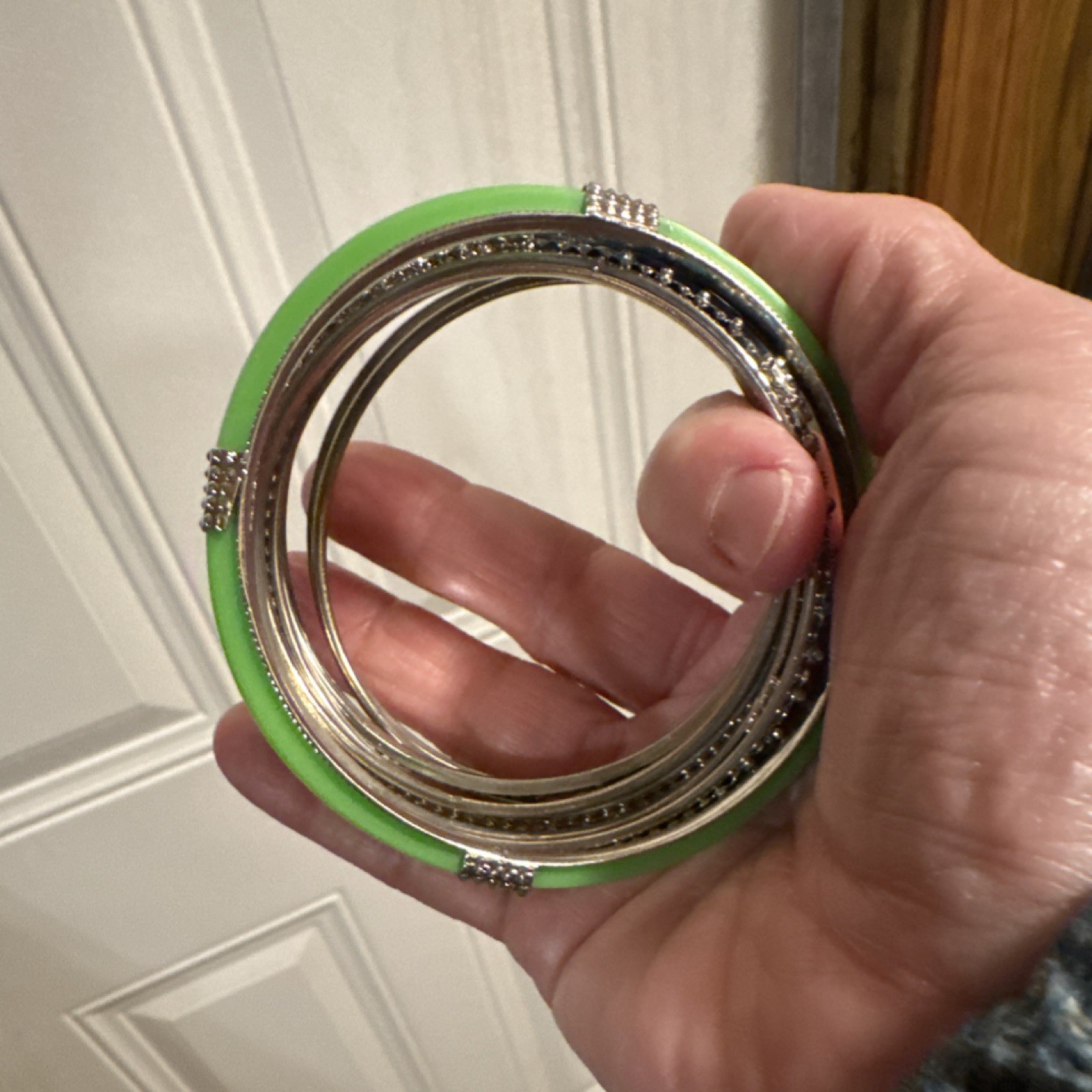 Stackable Beaded Bangle Bracelets Silver Green Bl… - image 3