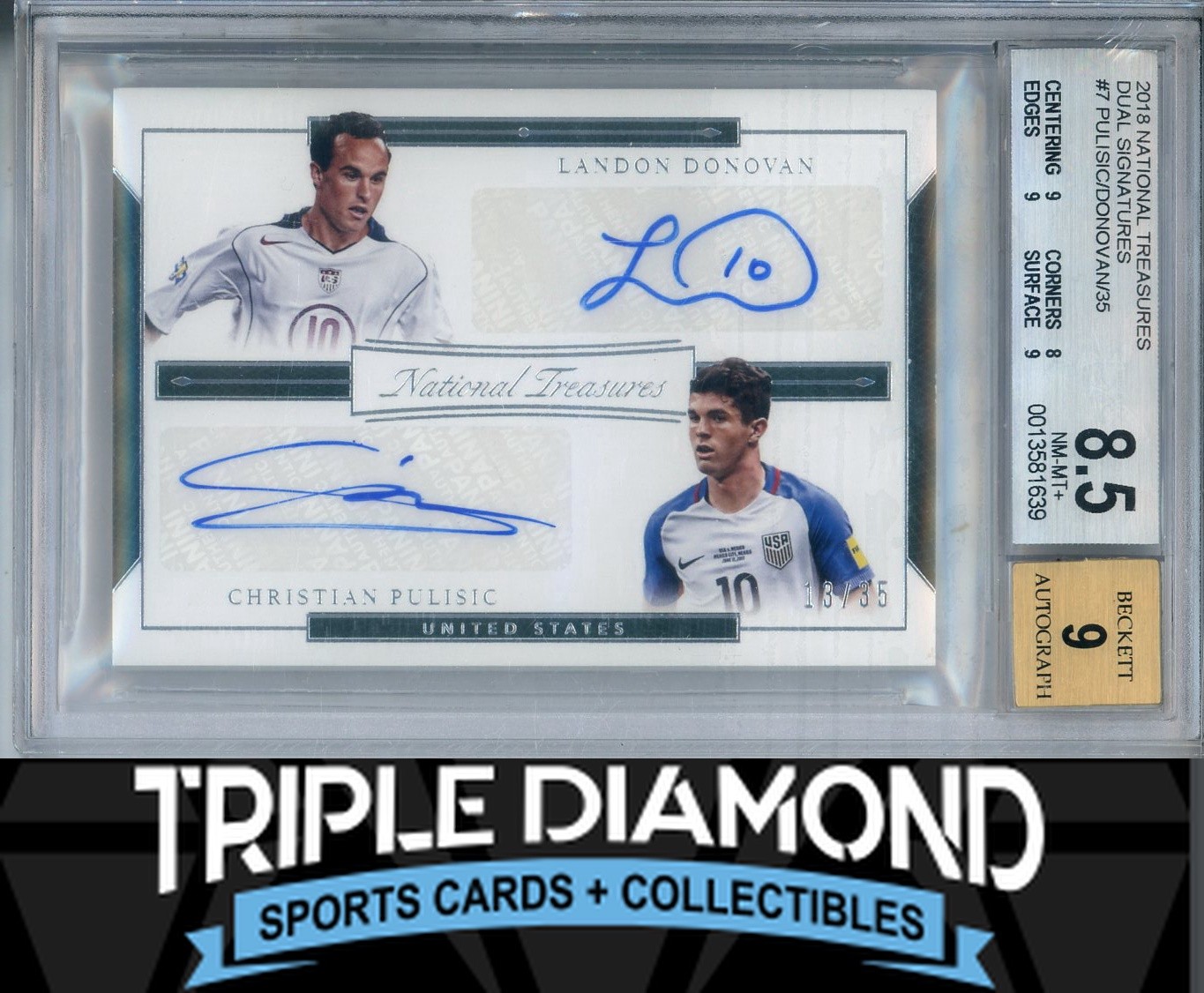 2018 National Treasures Christian Pulisic/Donovan Dual Auto #13/35 BGS 8.5 W521