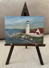 Portland Head Lighthouse Light House Small Folk Art Paining on Wood Easel Stand