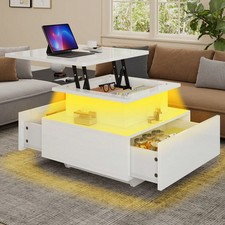 White Adjustable Height Coffee Table with LED Light and Storage Drawers
