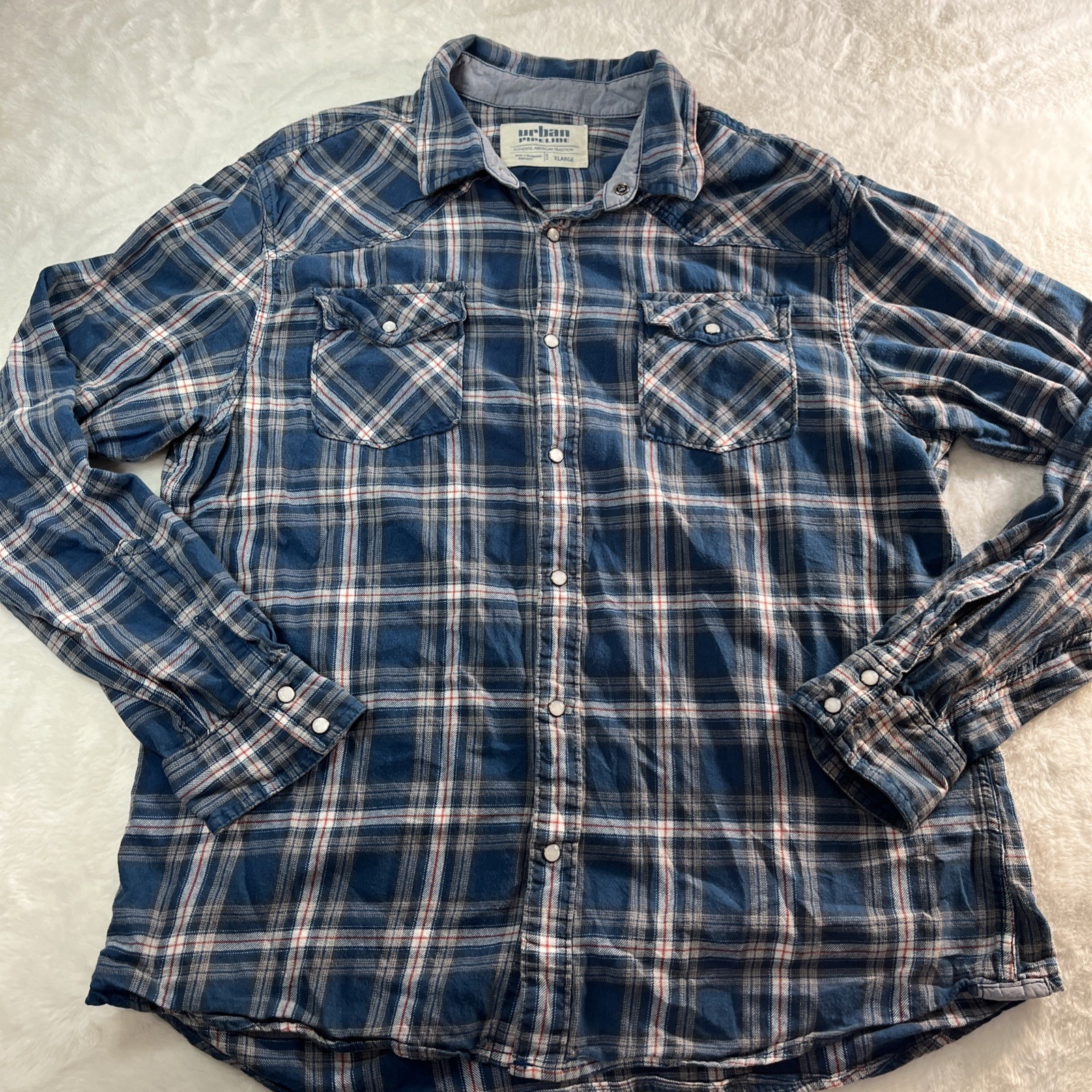 Urban Pipeline Mens Long Sleeve Flannel Pearlsnap Shirt Plaid XL Cowboy