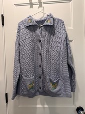 Arancrafts Ireland 100 Merino Wool Periwinkle Cable Knit Cardigan M Cottagecore