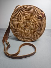 Vintage Wicker Round Cross Body Purse Hand Bag Rattan Leather Strap Fabric Lined