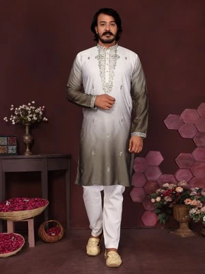 Ensemble Kurta Pajama Homme Traditionnel Indien Coton Bleu Pour Mariage - Photo 1/4