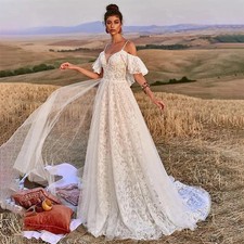 Boho Wedding Dress A Line Lace Spaghetti Straps Backless Ruffles Bridal Gowns