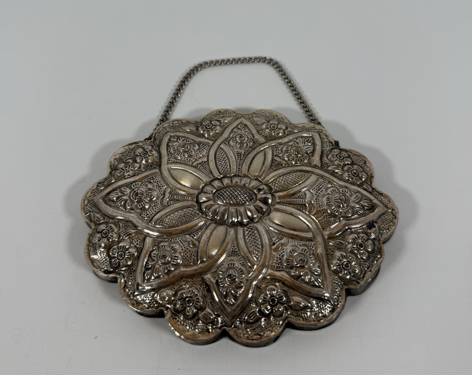 Vintage Turkish Dowry Hanging Floral Oval Mirror, Hallmarked 900 Silver