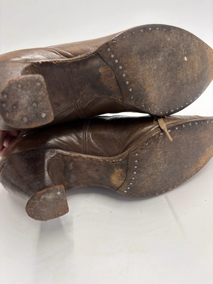 Vintage Edwardian Period Brown Leather Lace Up Boots 10” Long Heel Point Toe - Image 4 of 4