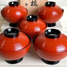 Echizen Lacquerware KINJU Wooden Soup Bowls w/Lids Set of 5 Urushi Japan