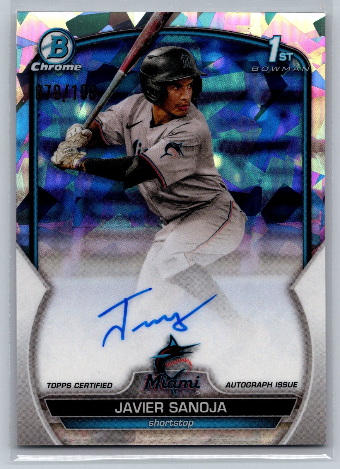 JAVIER SANOJA 2023 Bowman Chrome ATOMIC REFRACTOR ~ Marlins 1st RC AUTO /100